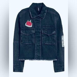 H&M Black Denim Jacket with Rose Embroidery